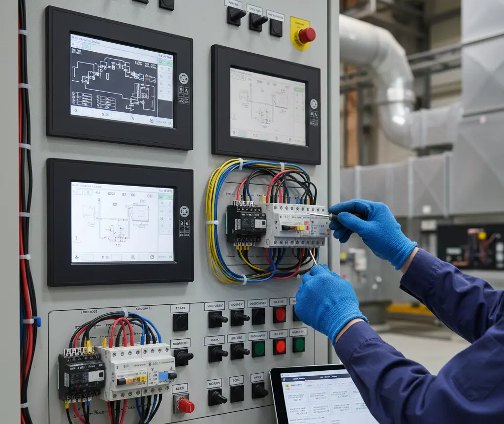 Technicien effectuant une maintenance et dépannage sur un tableau électriqu