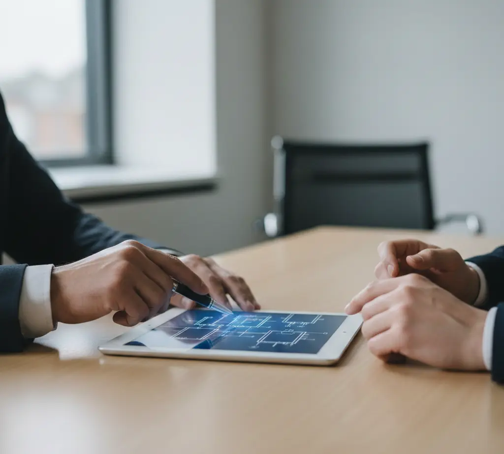 Solutions électriques et climatisation – technicien expliquant un plan sur tablette